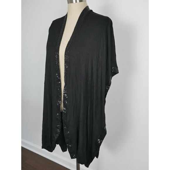 COIN 1804 Plus Size Black Sequin Contrast Kimono Top One Size - Picture 3 of 8